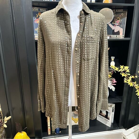 Anthropologies Maeve Olive Green Sequin Button Down Size Small - Picture 3 of 11